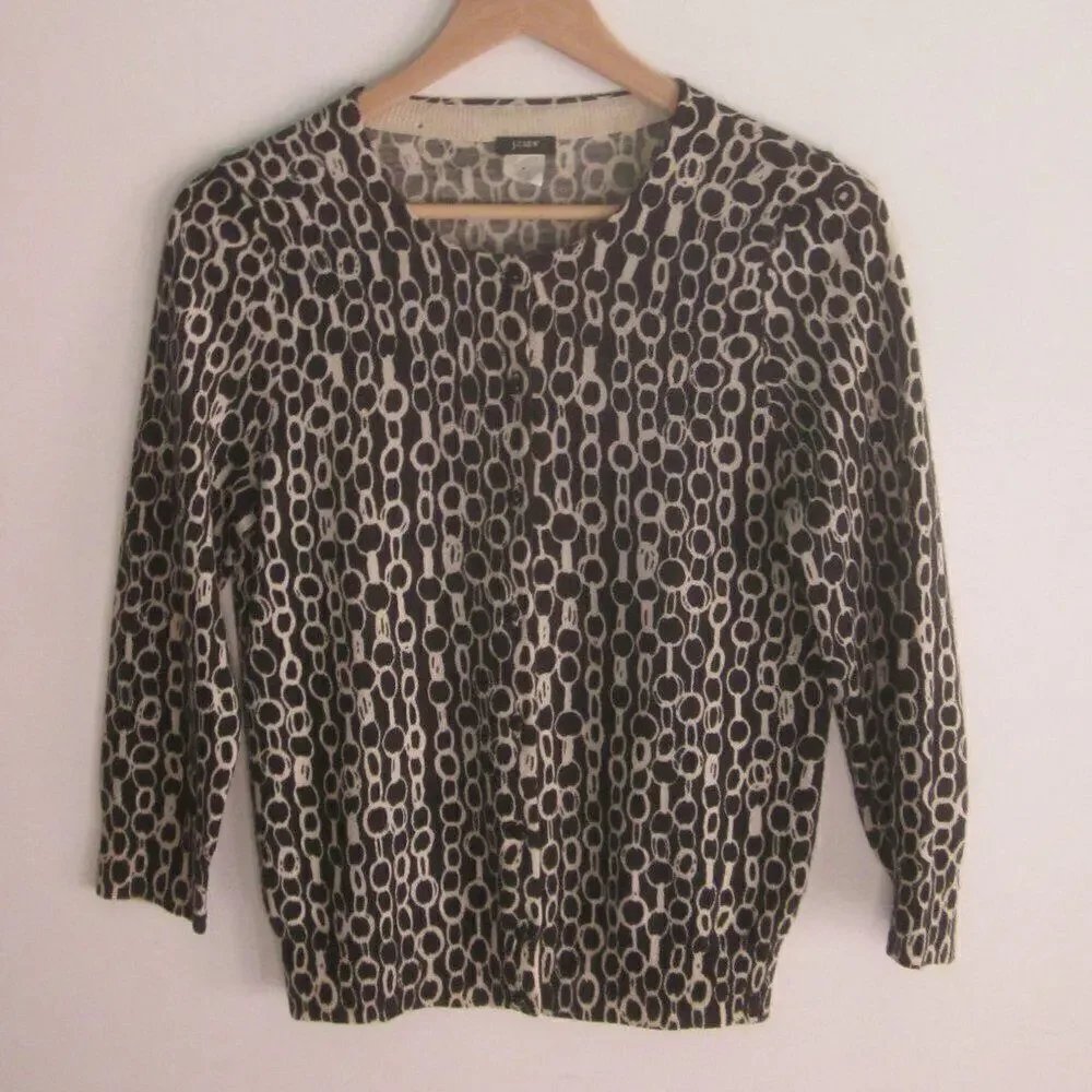J Crew Womens Size M Button Front Wool Cardigan Black Chain Print Sweater 34